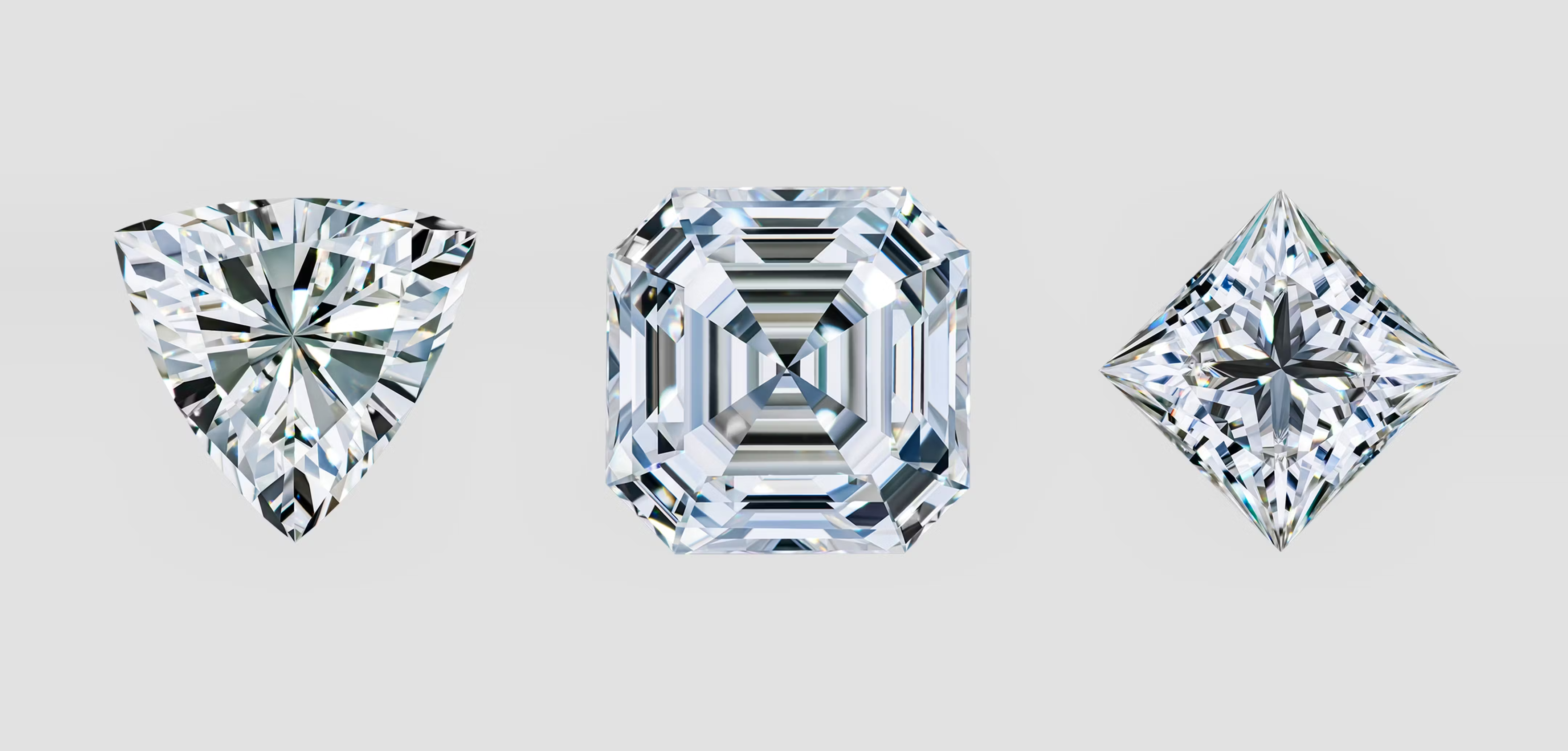 Detailreiche Darstellung verschiedener Diamantschliffe: Trilliant-Schliff, Asscher-Schliff und Prinzess-Schliff. Hochwertige Visualisierung der facettenreichen Brillanz und Eleganz jedes Designs. Perfekt für SEO im Bereich Schmuck, Diamanten und Luxusaccessoires.