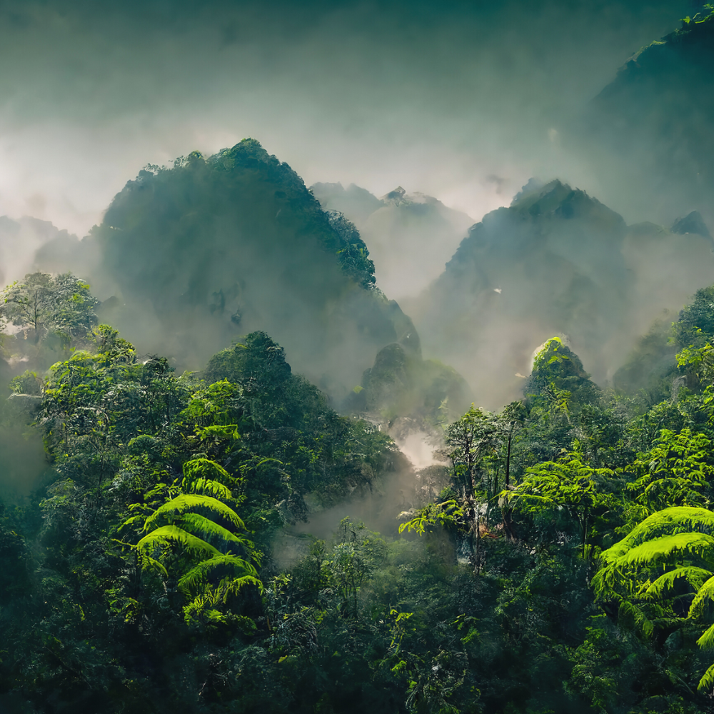 Dramatische Landschaftsaufnahme eines nebelverhangenen Regenwaldes mit üppiger Vegetation und grünen Baumfarnen. Ein inspirierendes Bild, das die Schönheit unberührter Natur und die Magie tropischer Wälder einfängt.