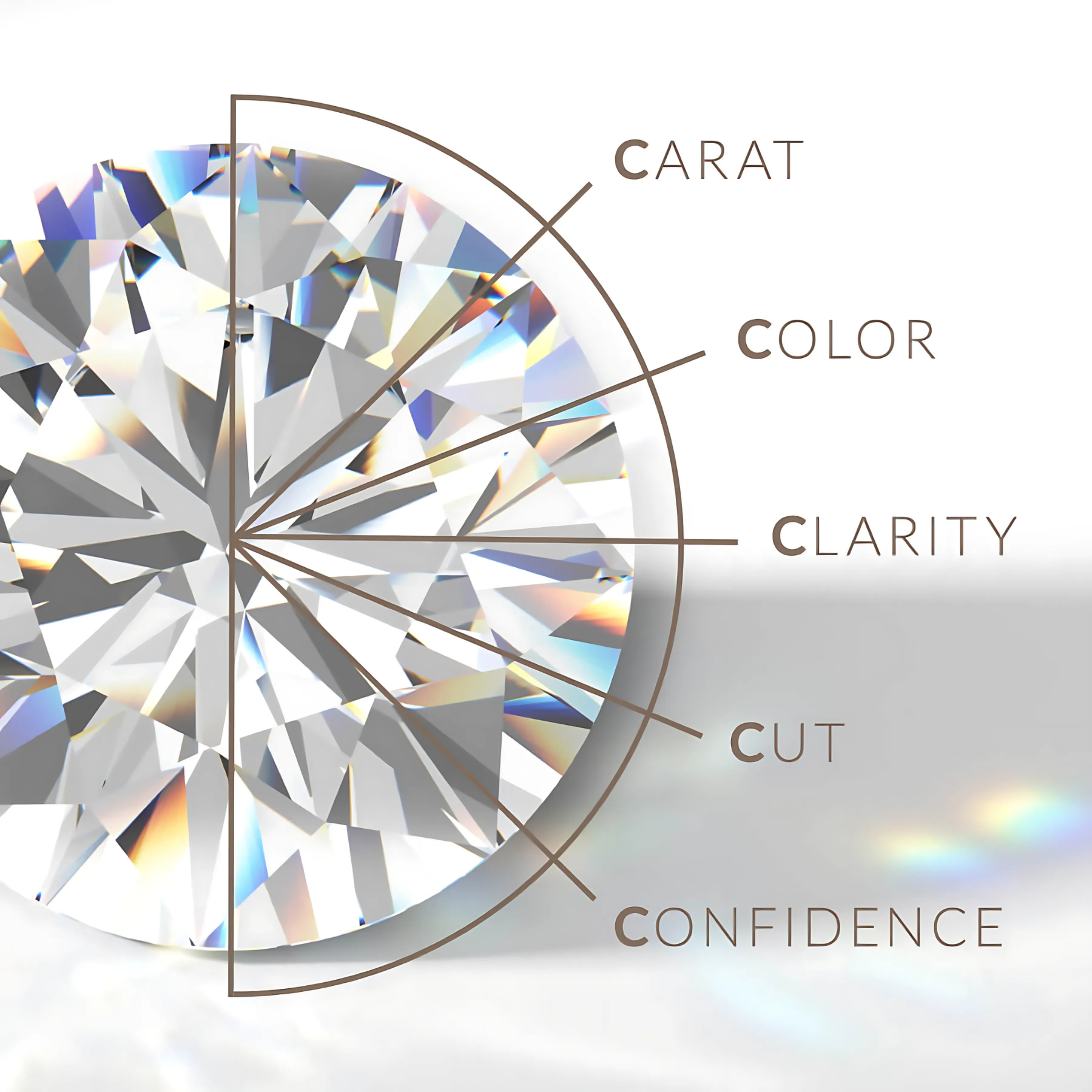 Detailreiche Darstellung eines funkelnden Diamanten mit Segmenten, die die 5 Cs visualisieren: Carat (Karat), Color (Farbe), Clarity (Reinheit), Cut (Schliff) und Confidence (Vertrauen). Perfekt ausgeleuchtetes Bild, das die Brillanz und Qualität von Diamanten unterstreicht.