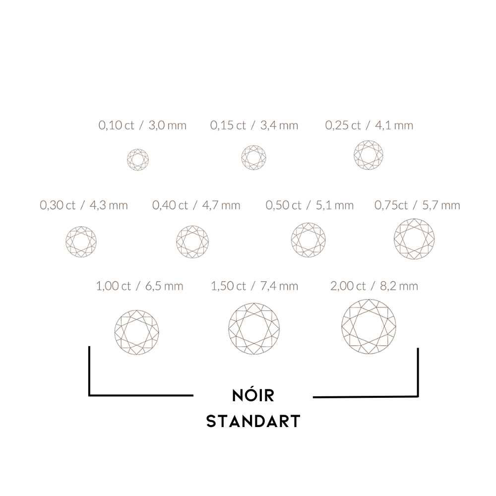 Übersichtliche Darstellung der Größen und Karat-Gewichte von Diamanten im NOIR Standard, von 0,10 ct (3,0 mm) bis 2,00 ct (8,2 mm). Klare Visualisierung der Durchmesser und Proportionen für verschiedene Karatgrößen, ideal für Kunden, die die perfekte Diamantgröße für ihre Bedürfnisse wählen möchten.